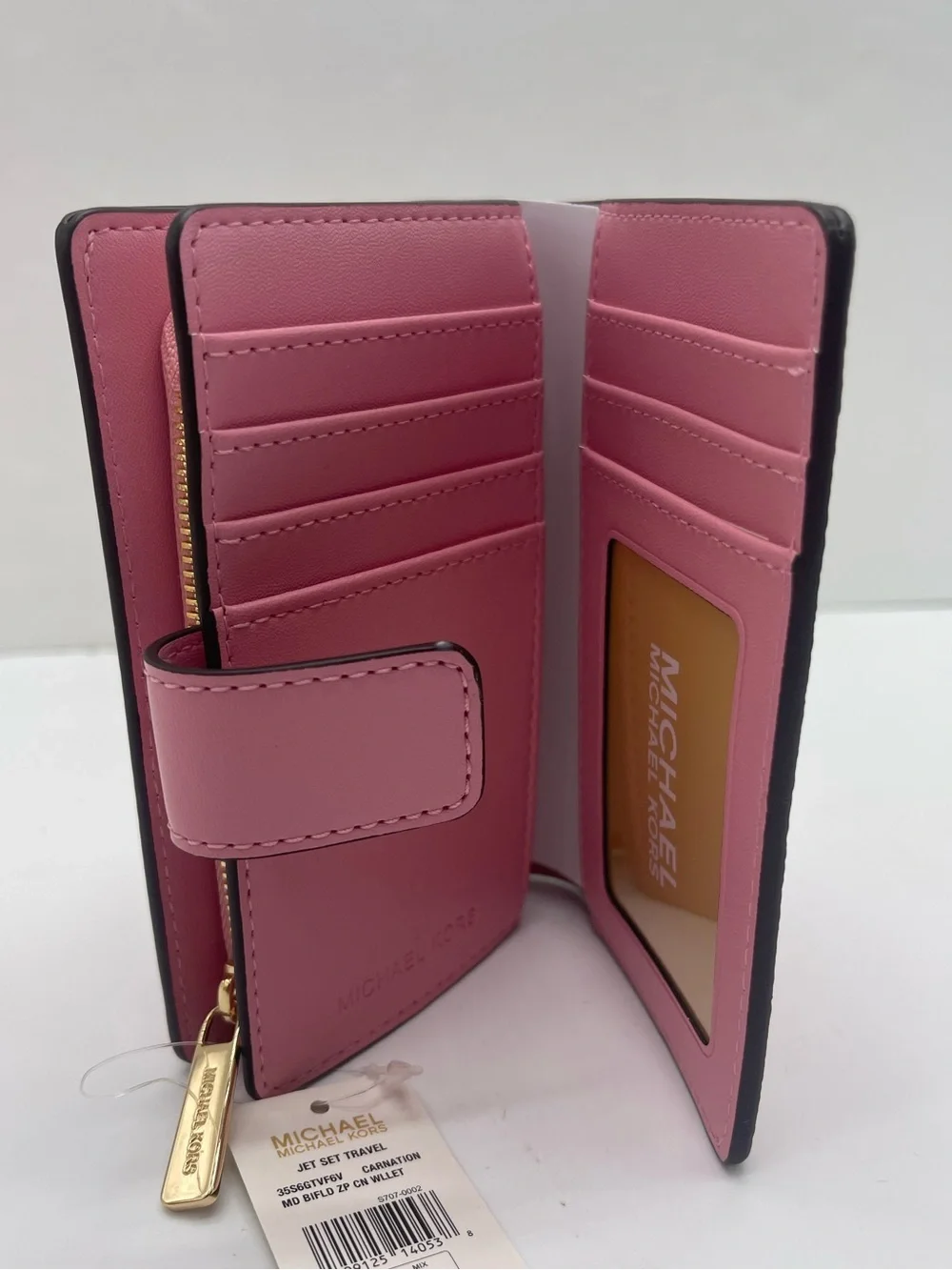 MICHAEL KORS Jet Set Travel Medium MK Logo Debossed Bifold Wallet Carnation  NWT